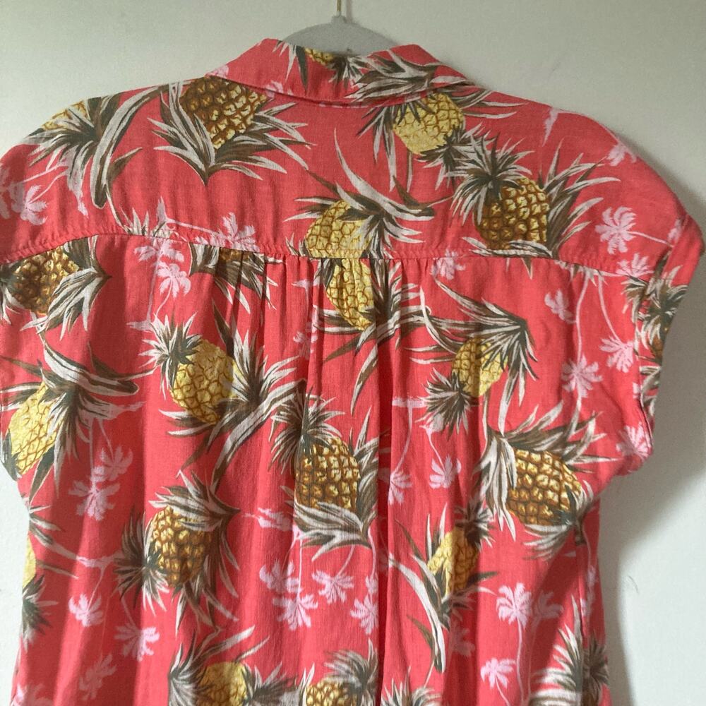 Old Navy Linen Blend Pineapple Tropical Print Shirt Dress Medium Beach Vacay - Picture 6 of 11
